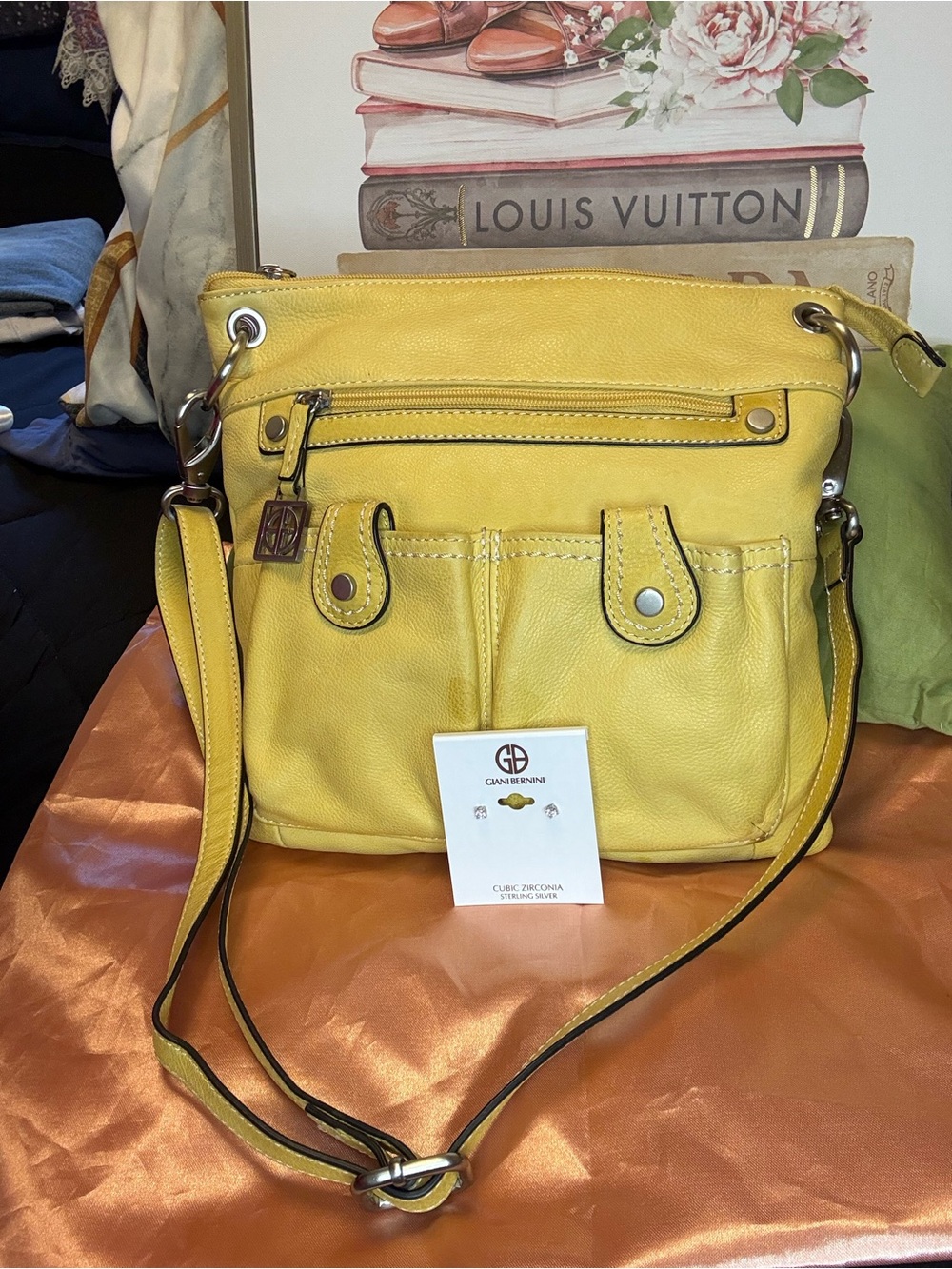Giani Bernini Yellow Leather Crossbody  + CZ Sterling Silver Stud Earring Bundle